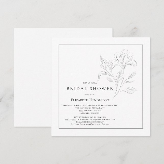 Invitación Sencilla Floral Elegante Ducha Bridal Blanco Negro (Anverso / Reverso)