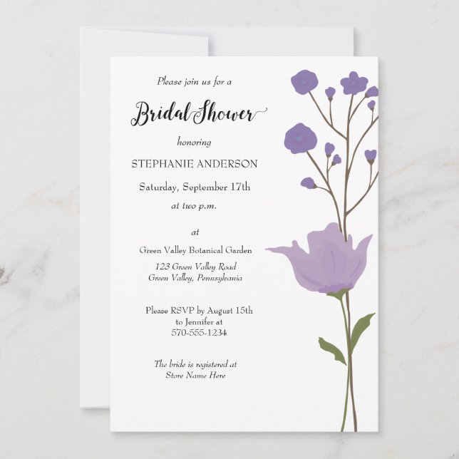 Invitación Sencilla Floral, Morada Floral Bridal Shower (Anverso)