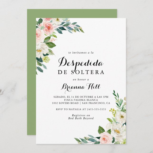 Invitación Sencilla Floral Verde Foliage Ducha de Novias Espa (Anverso / Reverso)