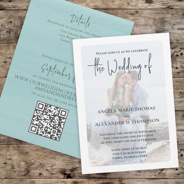 Invitación Sencilla foto elegida código QR turquesa RSVP Océa (Subido por el creador)