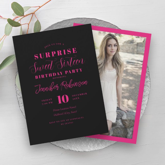 Invitación Sencilla foto negra rosa caliente SORPRESA dulce 1 (Simple Hot Pink Black Photo SURPRISE Sweet 16 Invitation)