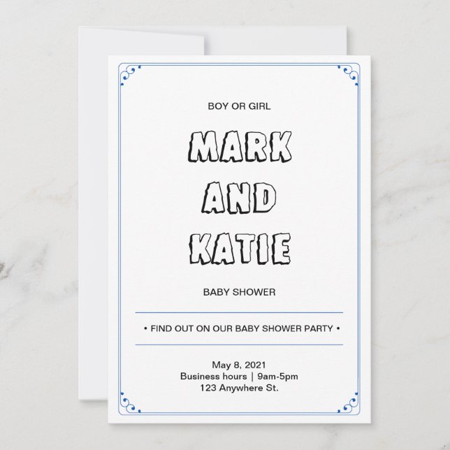 Invitación Sencilla frontera Sexo Neutral Azul Baby Shower (Anverso)