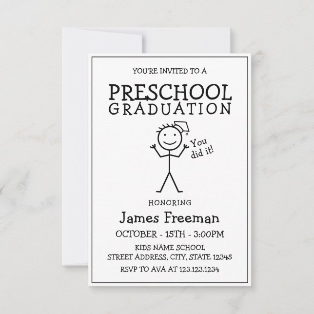 Invitación Sencilla graduación preescolar en blanco y negro (Anverso)