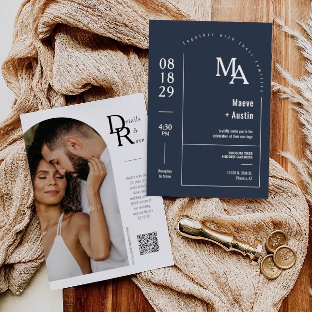 Invitación Sencilla Marina Azul Moderno Arco Mínimo Foto Códi (Subido por el creador)