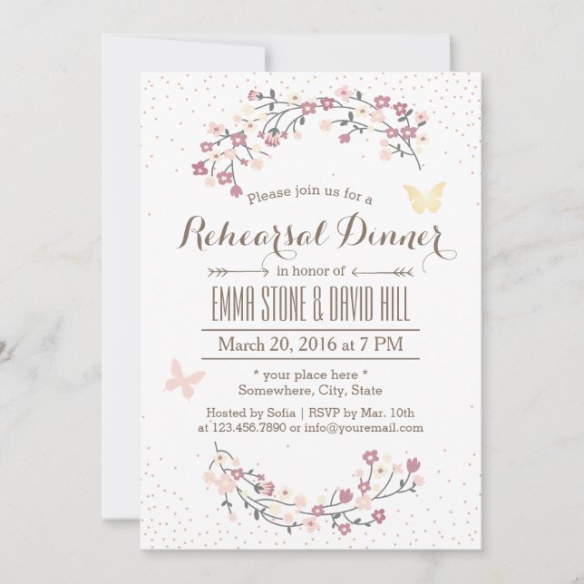 Invitación Sencilla mariposa y flores Ensayo de jardín Cena (Anverso)