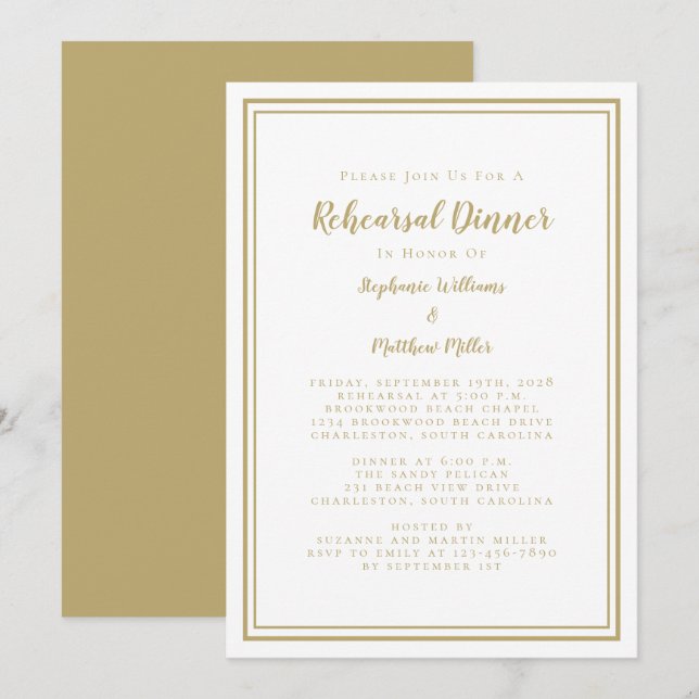Invitación Sencilla Moda moderna Boda de oro Ensayo Cena (Anverso / Reverso)