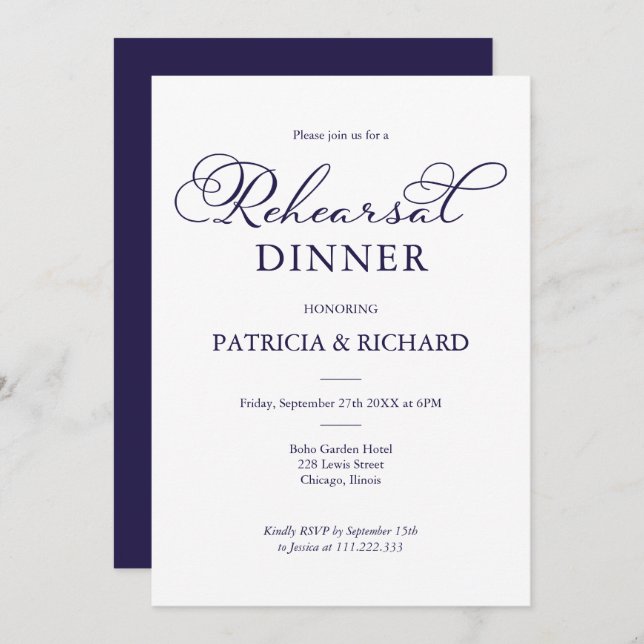 Invitación Sencilla Moda Navy Blue Script Ensayo Cena (Anverso / Reverso)