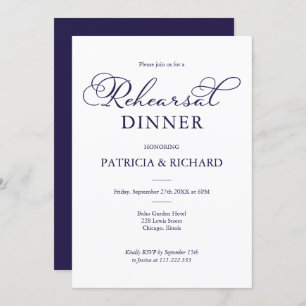 Invitación Sencilla Moda Navy Blue Script Ensayo Cena