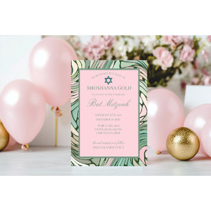 Invitación Sencilla Moderna Bat Mitzvah Rosa y Verde
