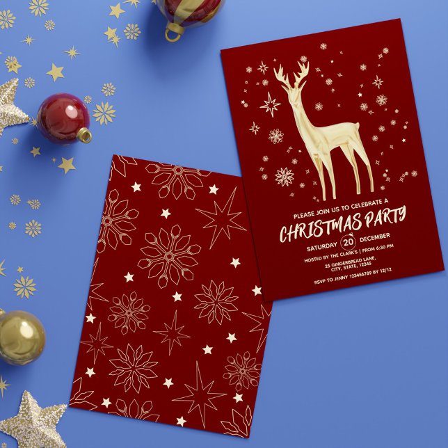 Invitación Sencilla Navidad Oscura Festividad Roja y Elegante (Simple Dark Festive Red and Gold Elegant Deer Xmas Invitation)