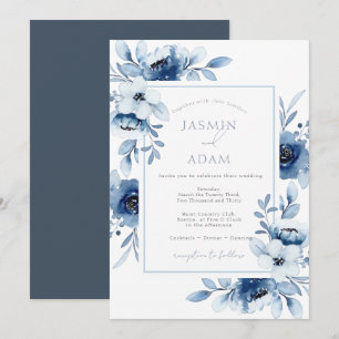 Invitación Sencilla Opulencia Floral Azul Real Boda