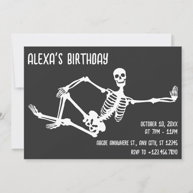 Invitación Sencilla pose skeleton cumpleaños halloween (Anverso)