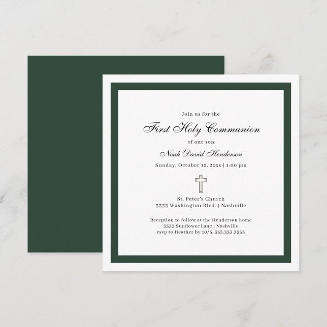 Invitación Sencilla Primera Comunión Verde Esmeralda Blanco (Anverso / Reverso)