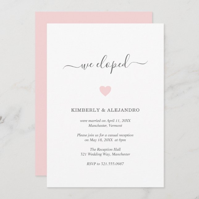 Invitación Sencilla recepción de boda moderna de corazón rosa (Anverso / Reverso)