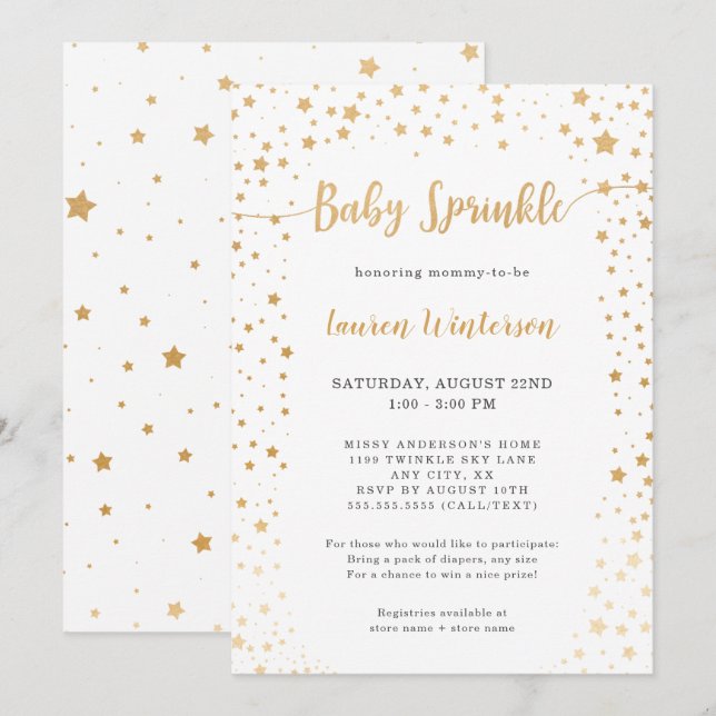 Invitación Sencilla rociada de bebé con estrella blanca y dor (Anverso / Reverso)