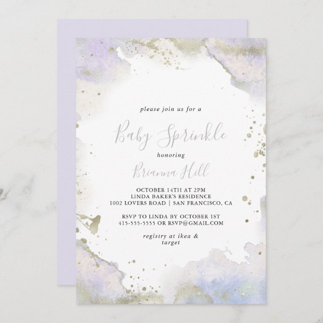 Invitación Sencilla rociadura de bebé morado Minimalista (Anverso / Reverso)