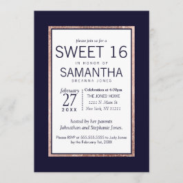 Invitación Sencilla Rosa de oro Lin Navy Blue Sweet 16 Invita