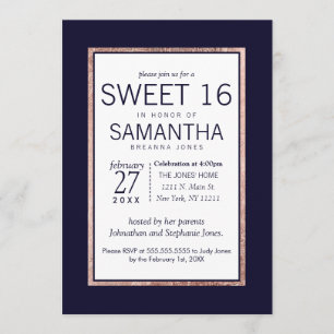 Invitación Sencilla Rosa de oro Lin Navy Blue Sweet 16 Invita