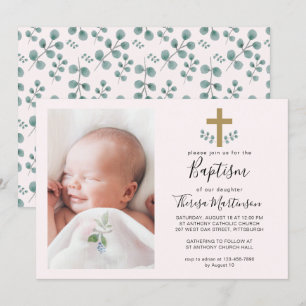 Invitación Sencilla salida de eucalipto con foto de bautismo 