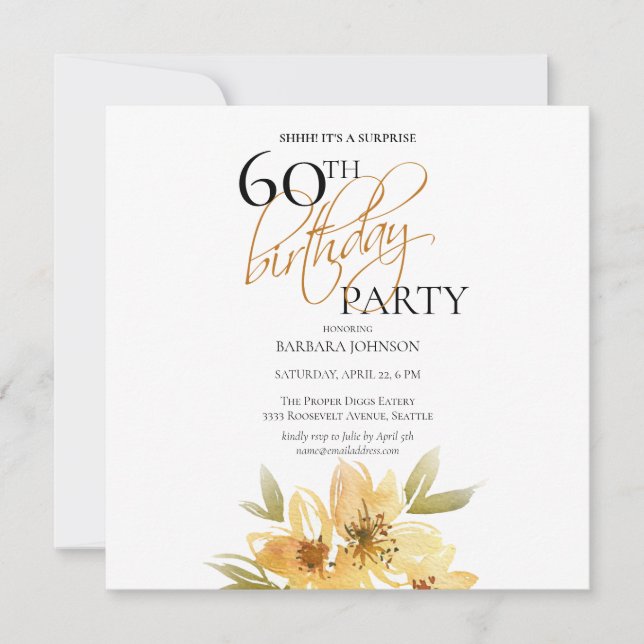 Invitación Sencilla Sorpresa Amarilla Floral 60 cumpleaños (Anverso)