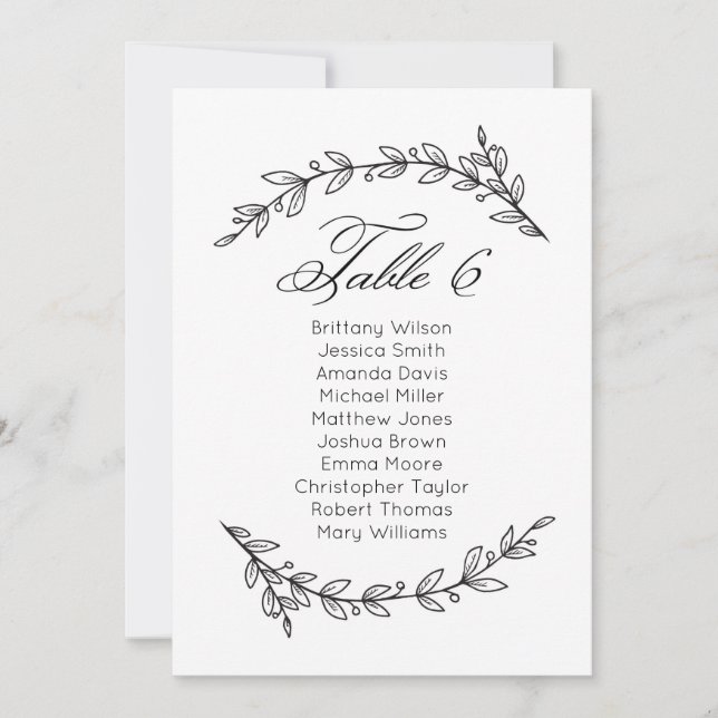Invitación Sencilla tabla de asientos boda floral. Cuadro 6 (Anverso)