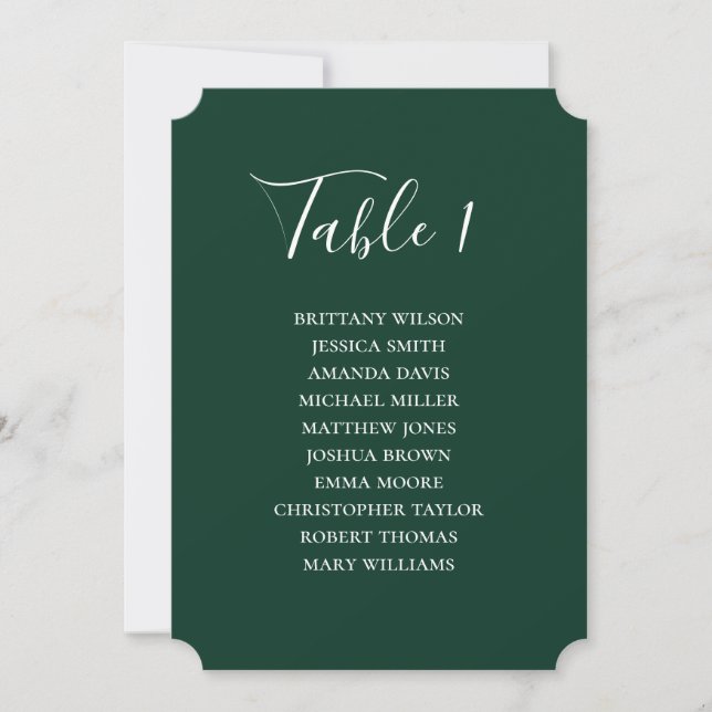 Invitación Sencilla tabla de asientos de boda verde. Guión mo (Anverso)