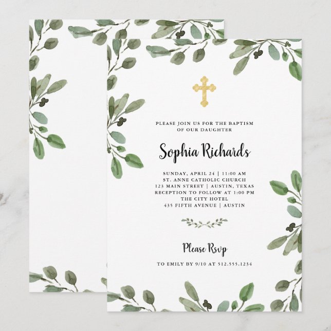 Invitación Sencilla vegetación acuarela con bautismo cruzado  (Anverso / Reverso)