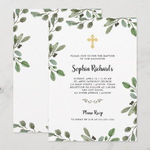 Invitación Sencilla vegetación acuarela con bautismo cruzado 