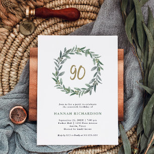 Invitación Sencilla vegetación acuática y oro 90 cumpleaños