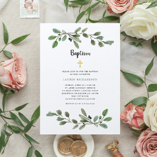 Invitación Sencilla vegetación acuática y oro   Bautismo
