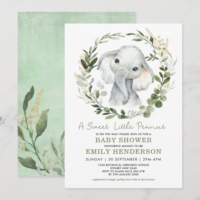 Invitación Sencilla vegetación Elefante dorado Baby Shower Sp (Anverso / Reverso)