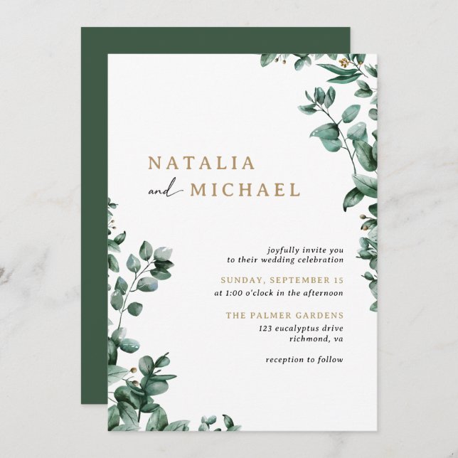 Invitación Sencilla vegetación eucalipta moderna | Boda Casua (Anverso / Reverso)