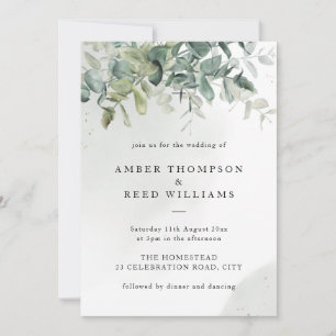 Invitación Sencilla vegetación verde y dorada deja Boda