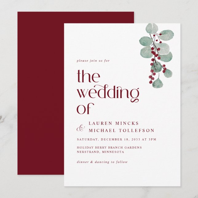 Invitación Sencilla Vid Boda de Invierno Moderna Borgoña (Anverso / Reverso)