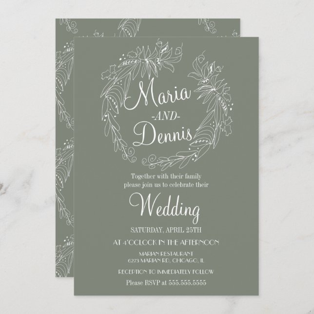 Invitación Sencilla Wreath Sage de la línea verde de la Terra (Anverso / Reverso)