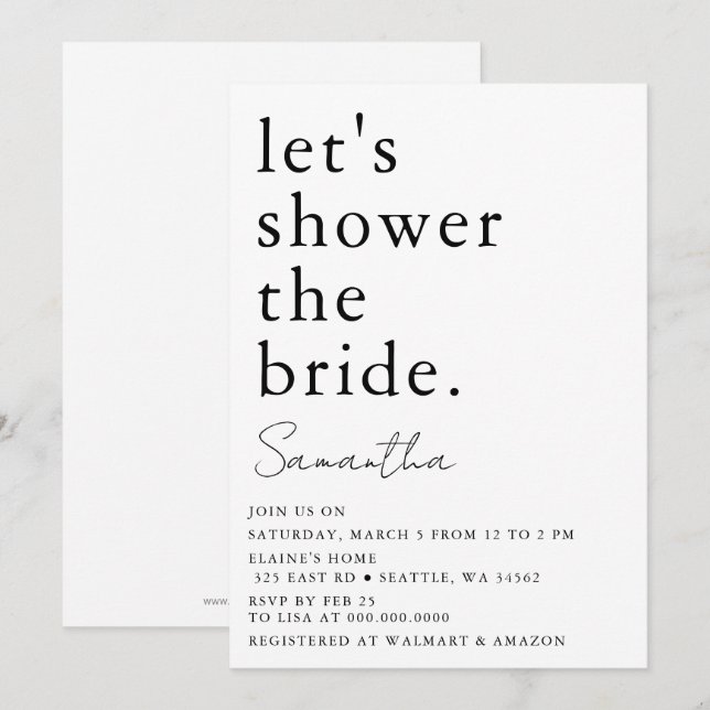 Invitación Sencilla y blanca ducha de novia moderna y negra (Anverso / Reverso)