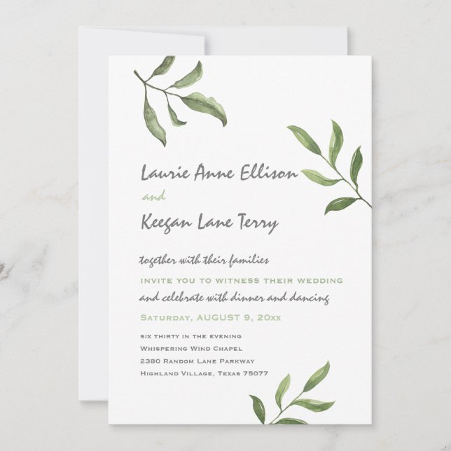 Invitación Sencilla y caprichosa marca de acuarela verde Boda (Anverso)