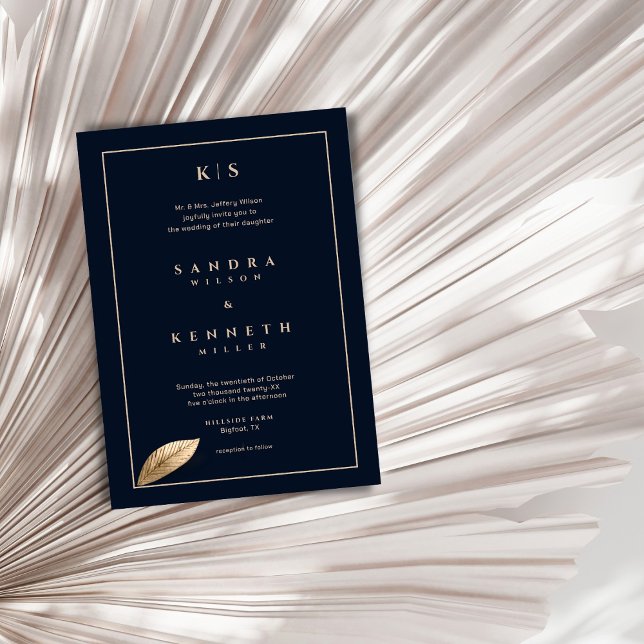 Invitación Sencilla y elegante Boda con marco de oro azul de  (Subido por el creador)