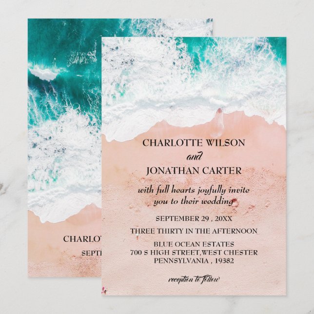 Invitación Sencilla y elegante Boda de Playa Tropical (Anverso / Reverso)