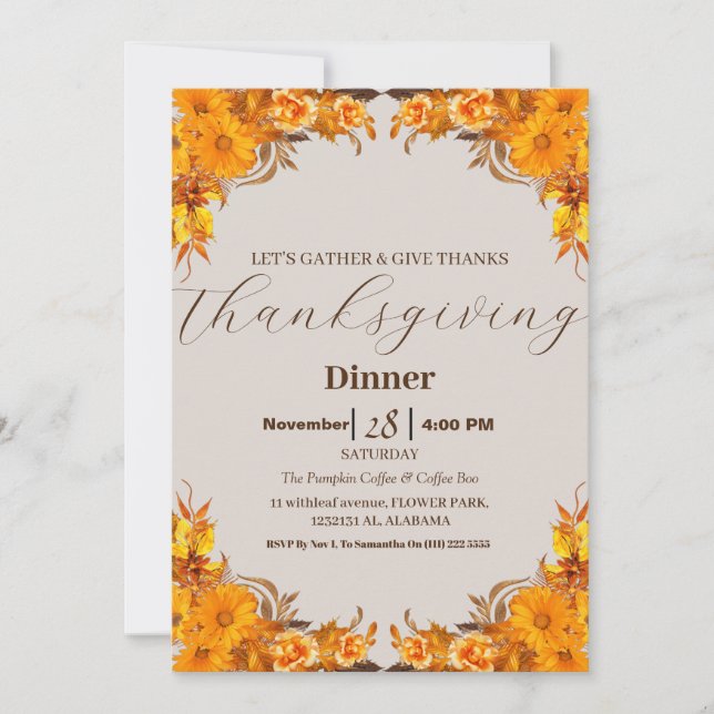 Invitación Sencilla y elegante cena de Acción de Gracias otoñ (Anverso)