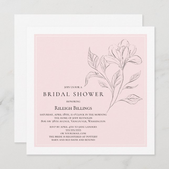 Invitación Sencilla Y Elegante Ducha Bridal Floral Blanco Ros (Anverso / Reverso)