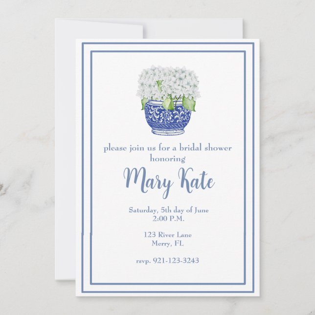 Invitación Sencilla y elegante ducha de novia azul y blanca (Anverso)