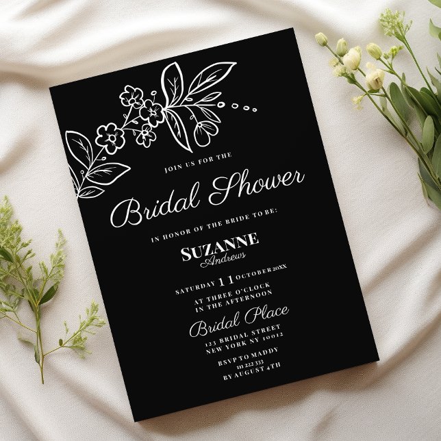 Invitación Sencilla y elegante ducha de novia floral blanca (Simple elegant black white floral Bridal Shower )