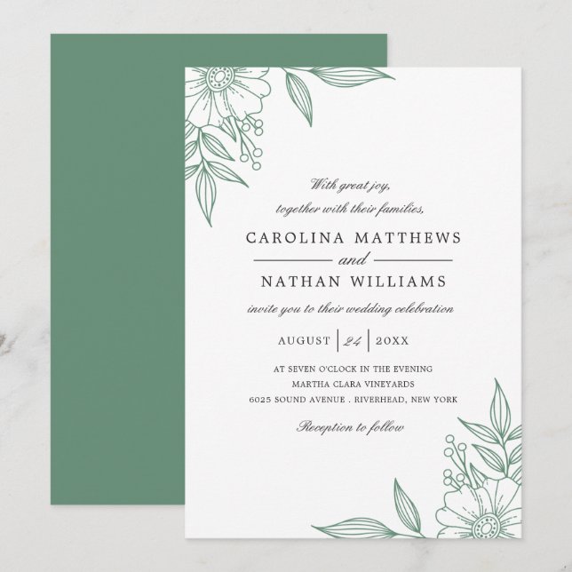 Invitación Sencilla y elegante esquina floral Boda Mint (Anverso / Reverso)