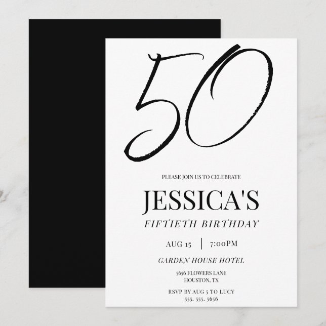 Invitación Sencilla y elegante fiesta de cumpleaños número 50 (Anverso / Reverso)