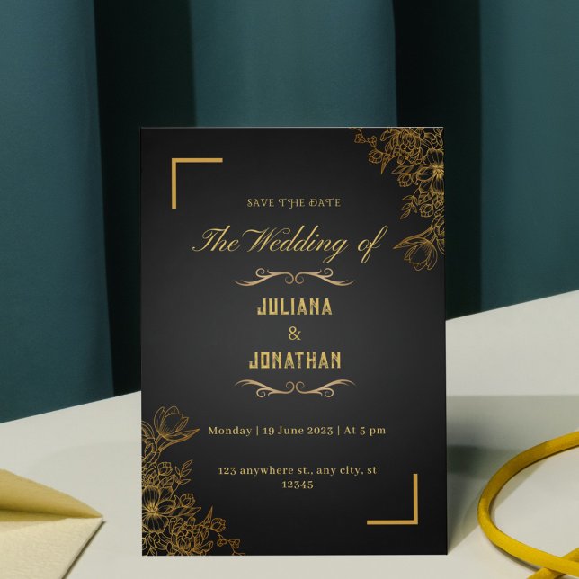 Invitación Sencilla y elegante floral de oro y negro salva la (Subido por el creador)