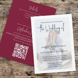 Invitación Sencilla y elegante foto Mínima Borgoña Código QR