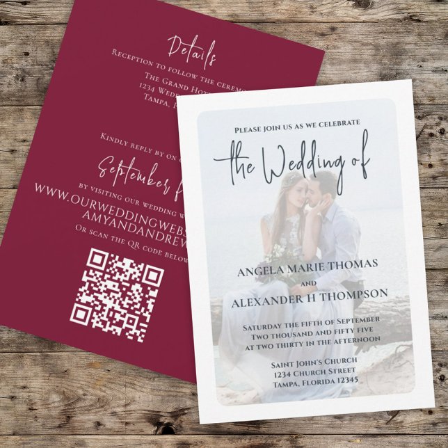 Invitación Sencilla y elegante foto Mínima Borgoña Código QR  (Subido por el creador)