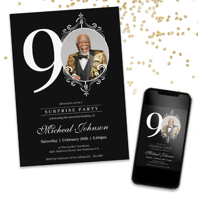 Invitación Sencilla y elegante foto Sorpresa Fiesta 90 cumple (Simple Elegant Photo Surprise Party 90th Birthday Invitation)