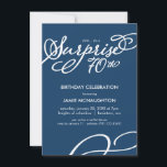 Invitación Sencilla y elegante sorpresa 70 cumpleaños<br><div class="desc">Esta moderna y elegante invitación a la fiesta de cumpleaños número 70 de 4.5" x 6.25" incluye las palabras "sorpresa 70" en letras blancas con un diseño giratorio coincidente en la esquina inferior derecha. Personalizar esta invitación de moda con el nombre e información fiesta y cualquier color de fondo de...</div>
